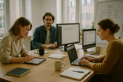 KI im Webdesign Einsatzmöglichkeiten: Webdesign-Team arbeitet mit KI-Tools an einer WordPress-Website