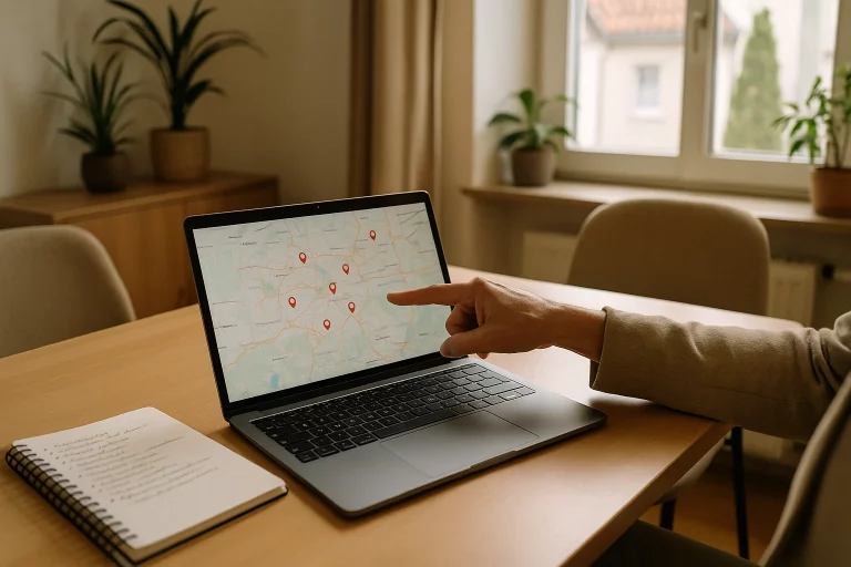 lokale SEO für Dienstleister: Berater optimiert lokale Sichtbarkeit seiner Dienstleister-Website am Laptop mit Kartenan…