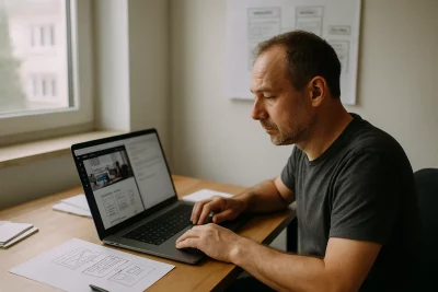 Unternehmer vergleicht Webdesign mit KI-Tool und klassischer Agentur am Laptop