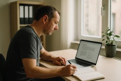 Website Texte für Dienstleister: Dienstleister überarbeitet Website-Texte am Laptop, um mehr Anfragen zu gewinnen