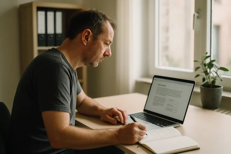 Website Texte für Dienstleister: Dienstleister überarbeitet Website-Texte am Laptop, um mehr Anfragen zu gewinnen