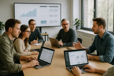 Zukunft von WordPress mit künstlicher Intelligenz: Webdesigner-Team arbeitet mit WordPress und KI-Assistent an einer Un…